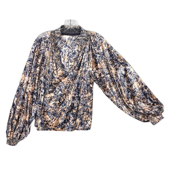 NWOT FREE PEOPLE Top M Crushed Velvet Velour Peach-Navy V Smoked Balloon-Long-Sl - Picture 2 of 9